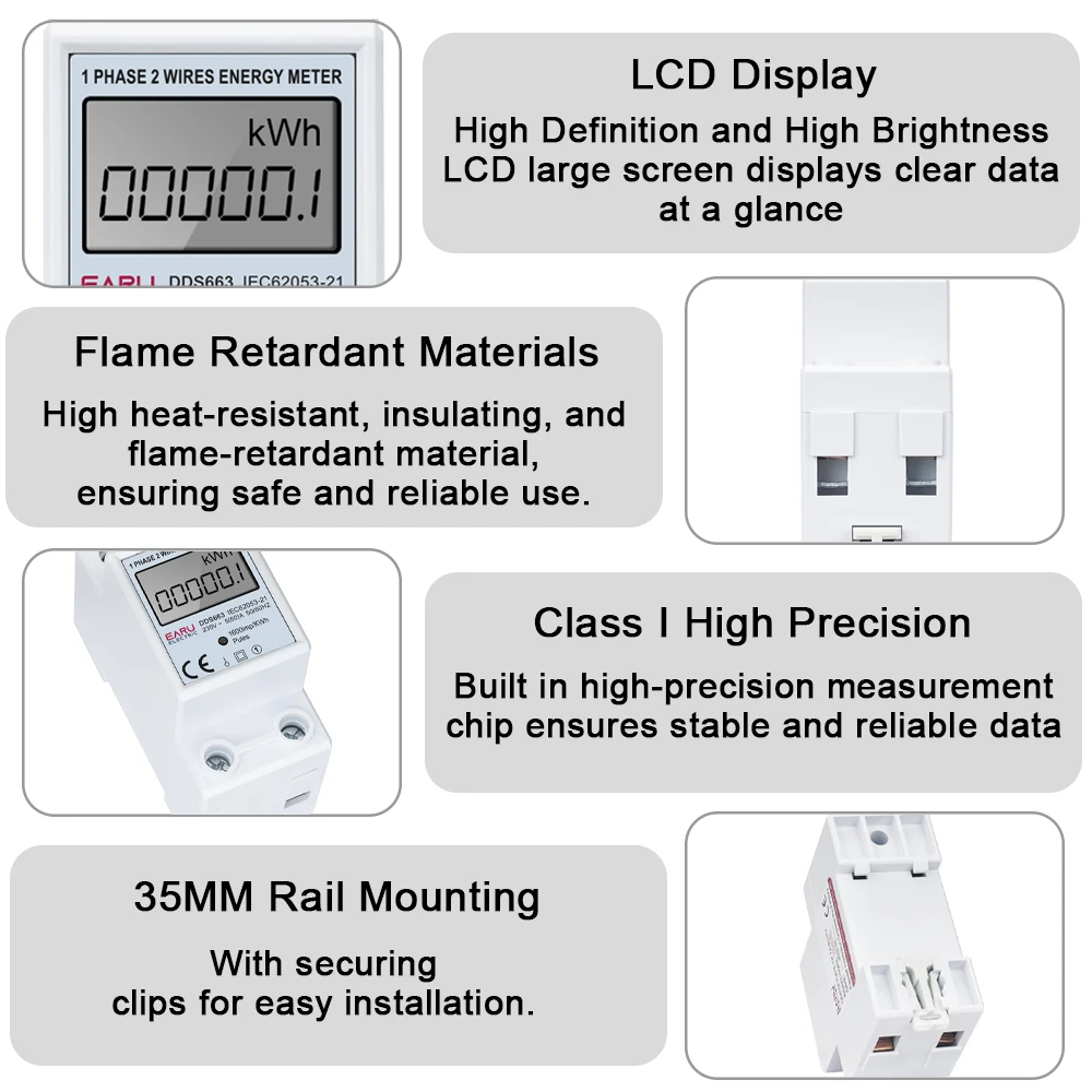 Medidor de energía eléctrica monofásico con pantalla digital EARU AC230V/110V 60A 50/60Hz, kWh - Imagen 6