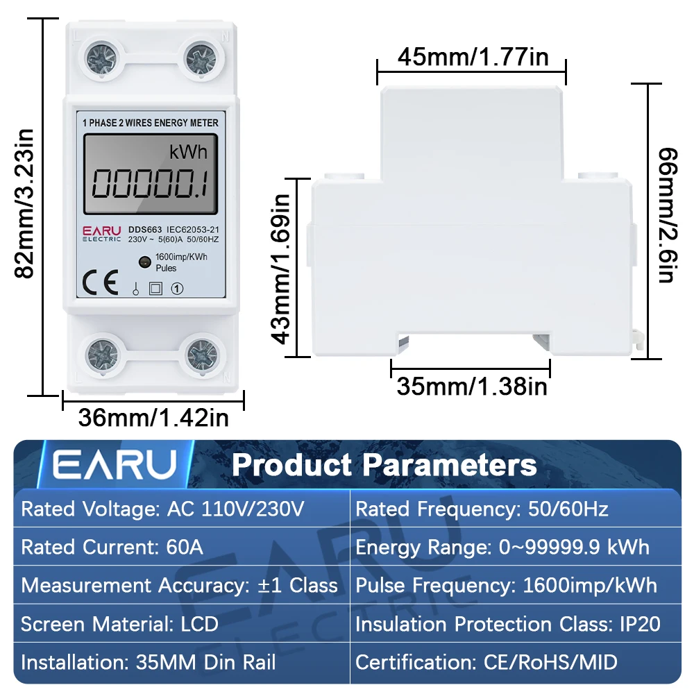 Medidor de energía eléctrica monofásico con pantalla digital EARU AC230V/110V 60A 50/60Hz, kWh - Imagen 2