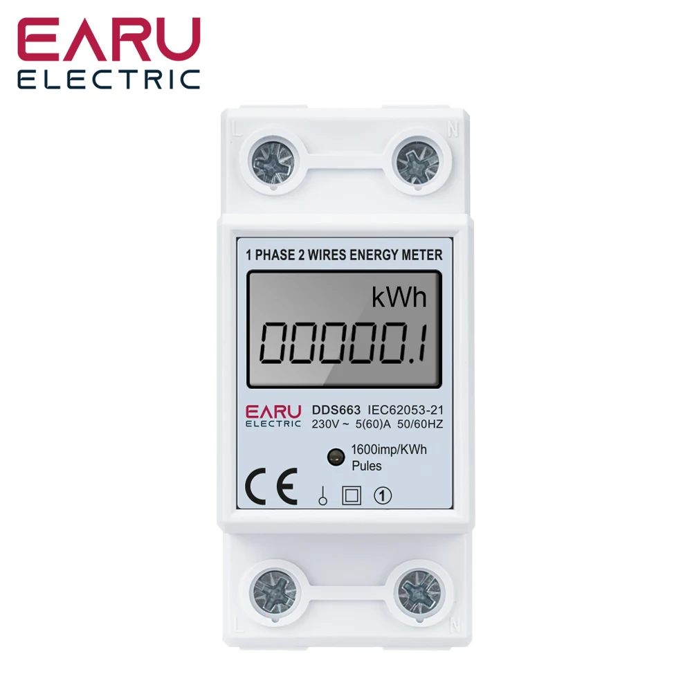 Medidor de energía eléctrica monofásico con pantalla digital EARU AC230V/110V 60A 50/60Hz, kWh