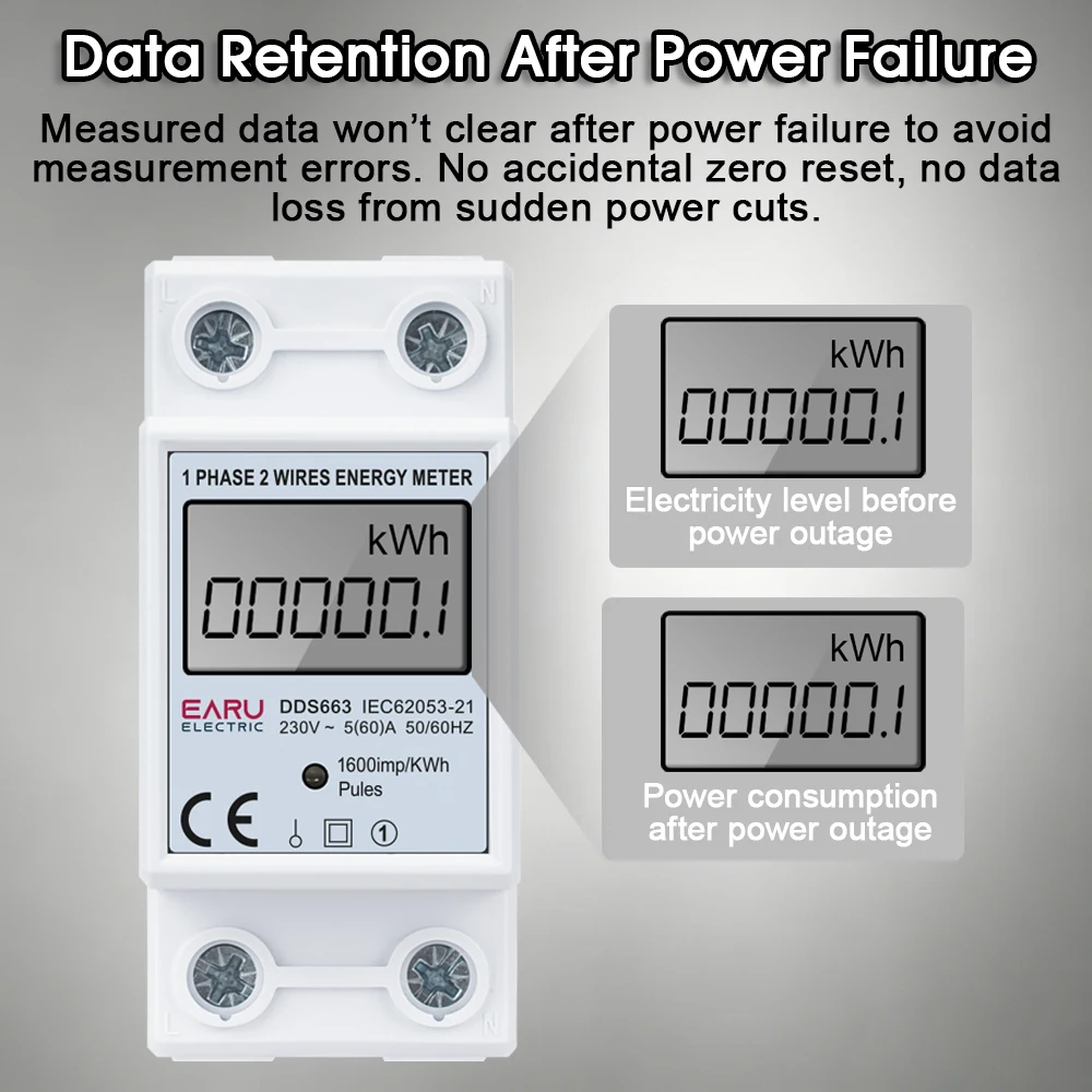 Medidor de energía eléctrica monofásico con pantalla digital EARU AC230V/110V 60A 50/60Hz, kWh - Imagen 3