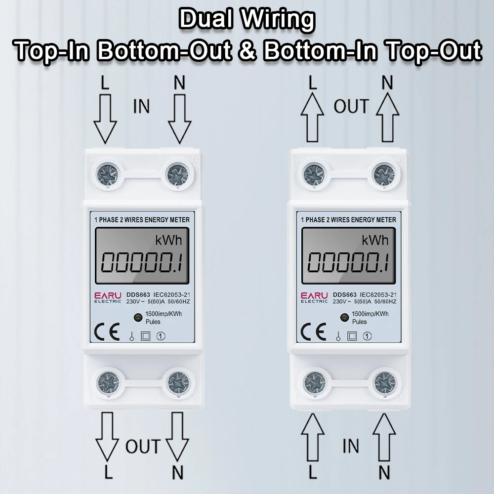 Medidor de energía eléctrica monofásico con pantalla digital EARU AC230V/110V 60A 50/60Hz, kWh - Imagen 5